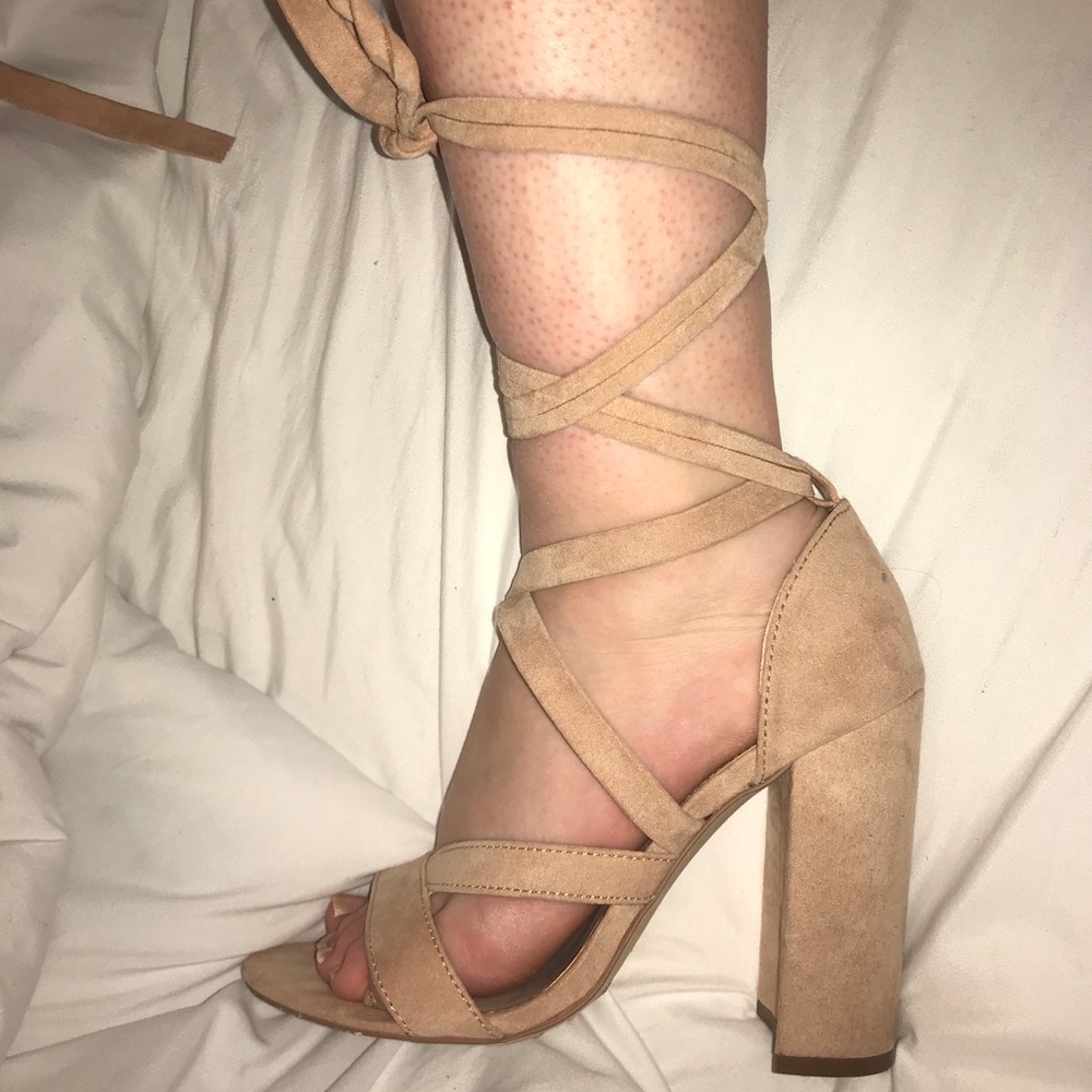 Nice Forever 21 Nude Suede Lace Up Tie High Heels
